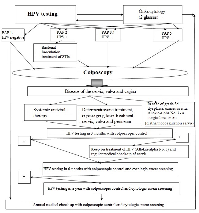 The block-diagram shows how to make a decision in patients with abnormal cytological smear and positive test for HPV infection.